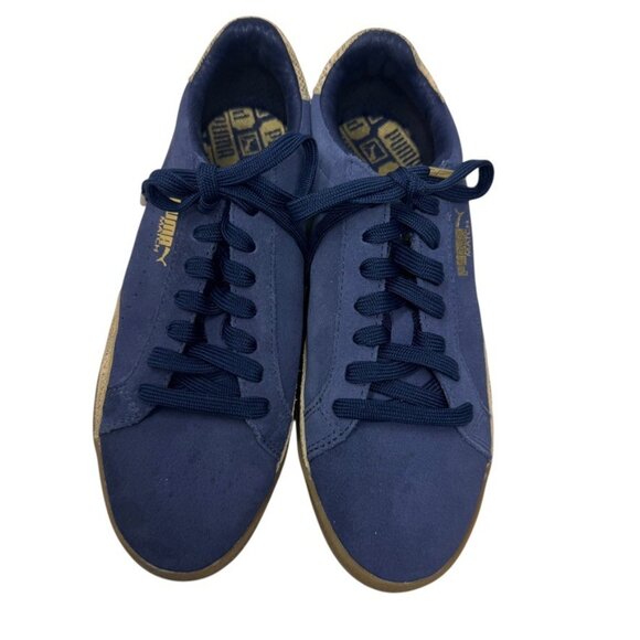 Puma Match Sneakers Women’s Size 7 Navy Suede Gold Snake Detail Gum Sole - Picture 2 of 13